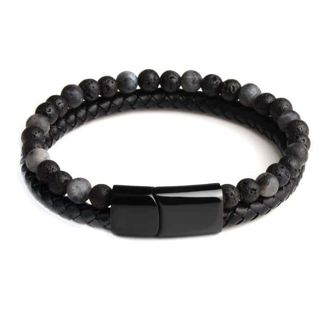 Anti-Stress Armbånd <Br>Læder, Sort Obsidian Og Lavasten