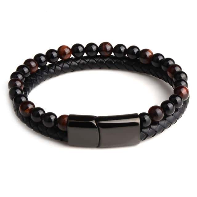 Anti-Stress Armbånd <Br>Læder, Sort Obsidian Og Rødt Tigerøje