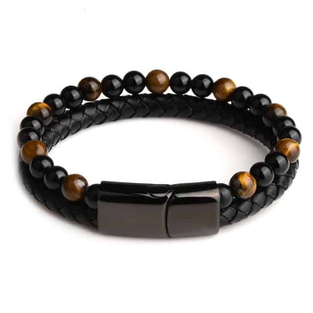 Anti-Stress Armbånd <Br>Læder, Sort Obsidian Og Tigerøje